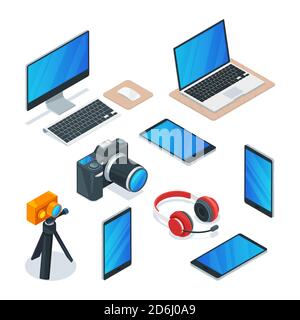 Modern gadgets, multimedia, technology and electronics symbols. Vector isometric 3d isolated icons set. Stock Vector