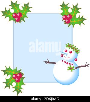 New Year and Christmas frame for photo or card with happy and cute snowman, berries, leaves and mistletoe Stock Vector