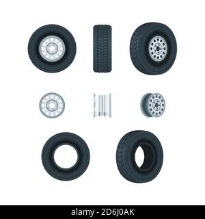 Automobile wheels, tires and discs, vector icons set. Car service design elements Stock Vector