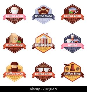 Coffee shop vector logo, label, sticker, emblem set. Cafe or restaurant breakfast menu isolated design elements. Cartoon illustration. Stock Vector