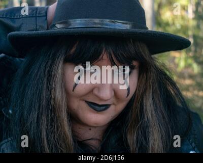 Brunette Vampire Black Makeup White Scary Teeth Blue Stock Photo by  ©IgorVetushko 416251758