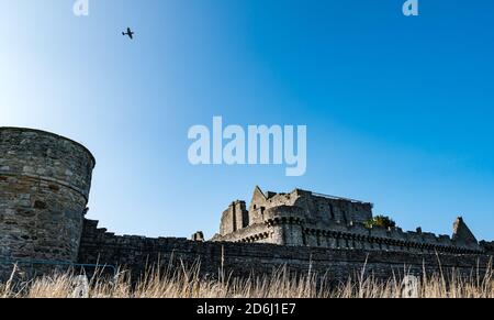 NHS Spitfire aeroplane flying over Craigmillar Castle walls on sunny day with blue sky, Edinburgh, Scotland, UK Stock Photo