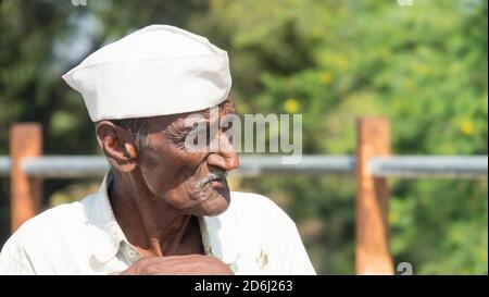 Latur / India December 2017 Portrait of old poor farmer living in rural area of Latur, Maharashtra, India Stock Photo