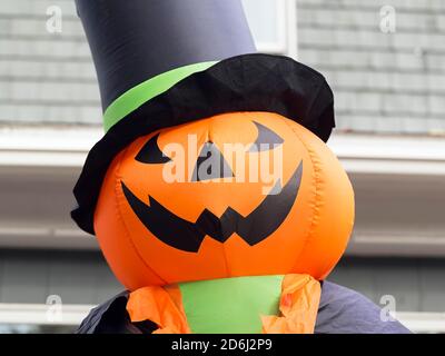 Halloween figure, USA, inflated Jack O'Lantern, Jack-O-Lantern, grinning pumpkin with top hat, Ogunquit, York County, Maine, New England, Great Stock Photo