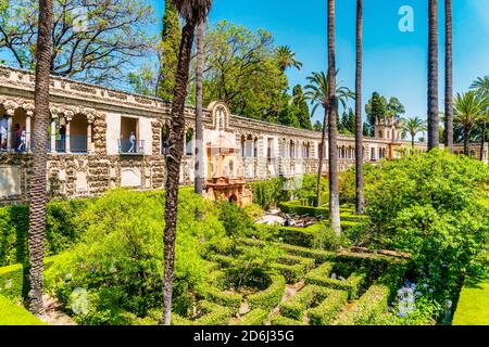 Moorish architecture of beautiful castle called Real Alcazar in Seville, Andalusia, Spain Stock Photo