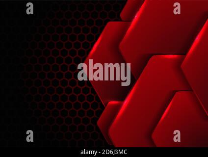 Abstract black and red metallic hexagon with lighting on hexagons texture pattern technology innovation concept background. Vector illustration Stock Vector
