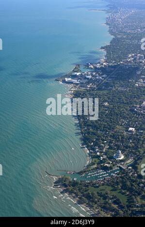 The Northwestern University campus and the Bahai House of Worship (foreground) on Lake Michigan, Evanston IL Stock Photo