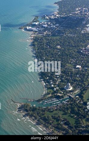 The Northwestern University campus and the Bahai House of Worship (foreground) on Lake Michigan, Evanston IL Stock Photo