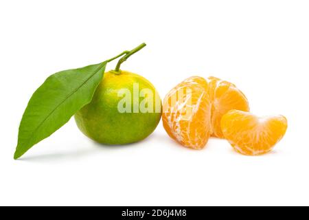 Whole and peeled green tangerines on isolated white background Stock Photo
