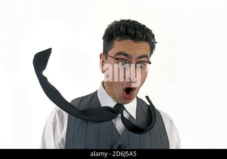 Man, Surprise, Tie blows up, Berlin, Germany Stock Photo