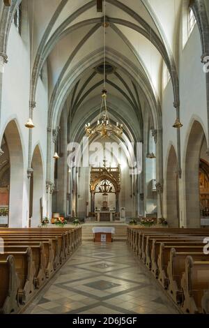 Nave with main altar, monastery church of the Sacred Heart of Jesus, Archabbey of St. Ottilien, Upper Bavaria, Bavaria, Germany Stock Photo