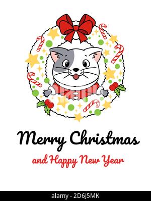Christmas wreath with cute cat. Hand drawn vector illustration for greeting card. Isolated on white background. Stock Vector