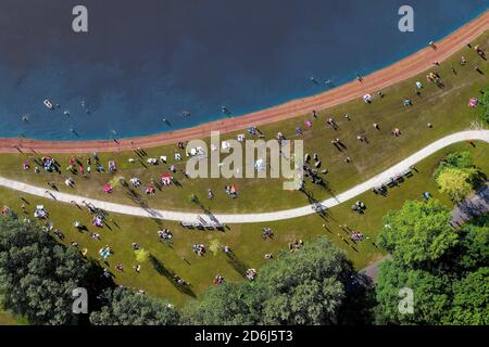 Sandy beach beach and sunbathing lawn with bathers, aerial view, local recreation area, Woehrder See, Wasserwelt Woehrder See, Nuremberg, Middle Stock Photo