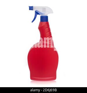 Red plastic spray detergent bottle isolated on white background. Packaging mock-up concept. Stock Photo