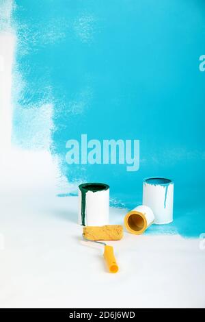 Room Paint Color Instrument Instruments for renovation apartment room isolated on white and blue ...