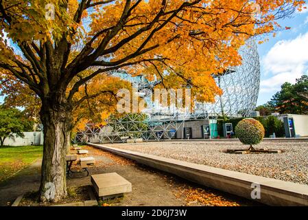 Montreal, Canada - Oct. 10 2020: Autumn view in Jean-drapeau park near the Biosphere