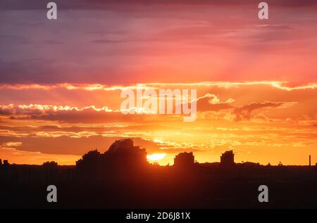 Silhouette of a Kiev city at beautiful sunset. Buildings Stock Photo