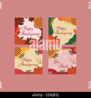 Thanksgiving Day Card. Instagram post with Happy Thanksgiving. Vector template with apple pie and pumpkin Stock Vector