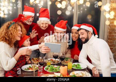 People talking with friends at online video call Stock Photo