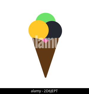 Lime, Mango, Charcoal and strawberries Ice cream in brown waffle cone, Flat design style. Stock Vector