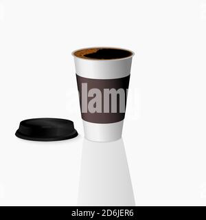 Takeaway Hot coffee cup, Hot coffee in white paper cup with dark brown lid and dark brown sleeve in white background Stock Vector