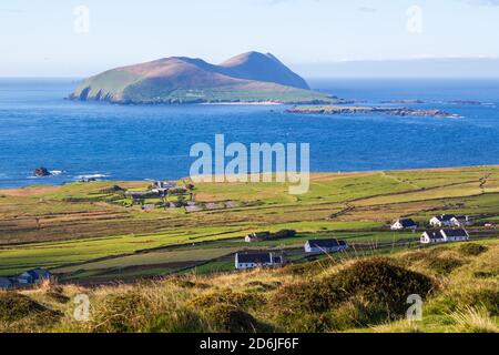 The Great Blasket Island viewed from the slopes of Cruach Mhárthain on the Dingle Peninsula along the Wild Atlantic Way in Ireland Stock Photo