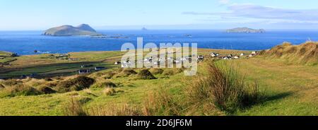 Panorama of The Blasket Islands viewed from the slopes of Cruach Mhárthain on the Dingle Peninsula along the Wild Atlantic Way in Ireland Stock Photo