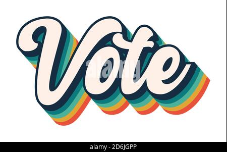 Vote graphic, rainbow voting retro font, president election, political democracy, design font stripe effect, blue green yellow red vintage style lette