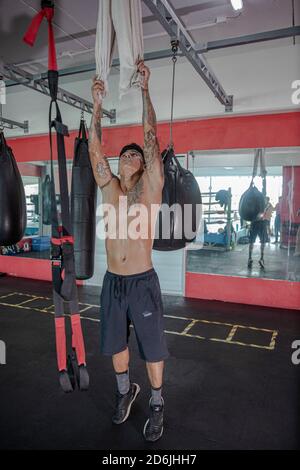 CANCUN, MEXICO - OCTOBER 16: boxer Alexis Bastar taking health measures while train in the Gym  to get ready for his next fight from the super bantamweight category against Pollo Lopez on October 16, 2020 in Cancun, Mexico. Credit: Rodolfo Flores/Eyepix Group/The Photo Access Stock Photo