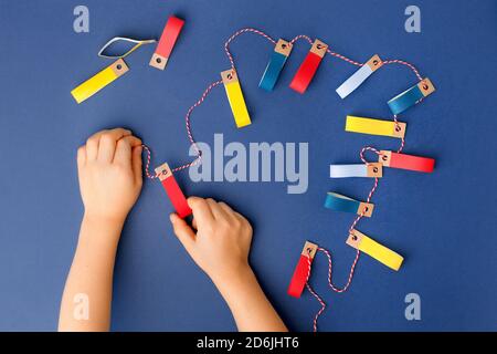 Set for children's craft diy from colored cardboard, paper, scissors and  pencils. Template for banner with space for text Stock Photo - Alamy