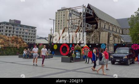 Christchurch, Canterbury / New Zealand - January 30 2015: Christchurch Cathedral rebuilding after 2011 earthquake showing life getting back to normal Stock Photo