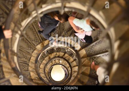 Spiral staircase at Arc De Triomphe Etoile, the historic popular landmark In Paris, France Stock Photo