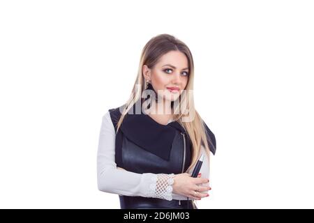 Beauty portrait of blonde American woman with tattoo microblading machine in hands isolated on white background. Eyebrows micro-pigmentation specialis Stock Photo