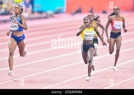 Halimah Nakaayi (Uganda, Gold medal) and Raevyn Rogers (USA, Silver medal). 800 Metres women final. IAAF World Athletics Championships, Doha 2019 Stock Photo