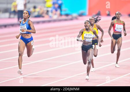 Halimah Nakaayi (Uganda, Gold medal) and Raevyn Rogers (USA, Silver medal). 800 Metres women final. IAAF World Athletics Championships, Doha 2019 Stock Photo