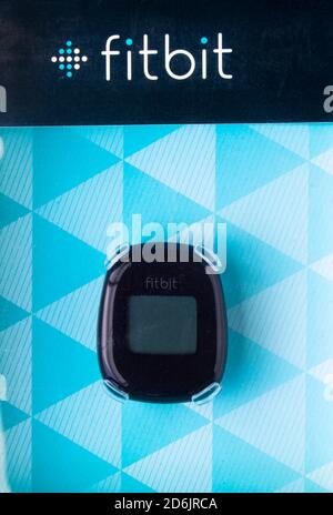 Calgary Alberta, Canada. Oct 17, 2020. An unopened box Fitbit Zip. Concept fitness tracking. Stock Photo