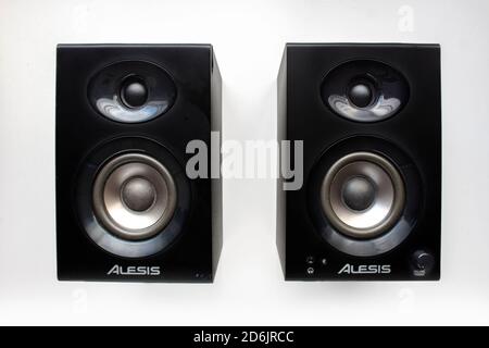Calgary Alberta, Canada. Oct 17, 2020. Alesis Elevate 3 monitor speakers for music mix. Concept: Music production. Stock Photo
