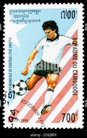 MOSCOW, RUSSIA - SEPTEMBER 10, 2020: Postage stamp printed in Cambodia shows Usa -94, Football World Cup, USA 1994 serie, 700 - Cambodian riel, circa Stock Photo