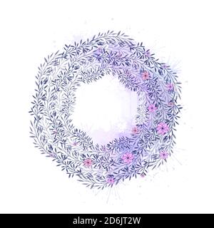 Gentle round wreath of flowers, plants and branches with leaves and watercolor splashes. The object is separate from the background. Circle frame for Stock Vector