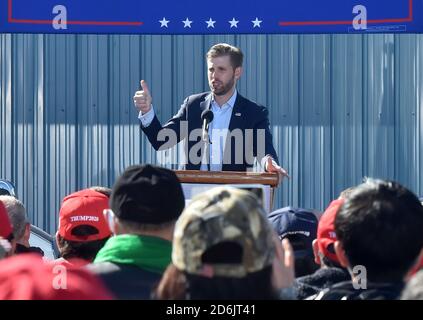 Dunmore, United States. 17th Oct, 2020. Eric Trump speaking on behalf of his father President Donald Trump, at the Road Scholar, Trucking company during the rally.Eric Trump speaks to approximately 400 people in Dunmore, PA, it's the city adjacent to Joe Biden's childhood home of Scranton. March of the audience was made up of a group called Japan 4 Donald Trump, as Eric Trump speaks of gun rights and Amy Coney Barrett. Credit: SOPA Images Limited/Alamy Live News Stock Photo