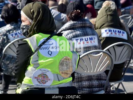 Dunmore, United States. 17th Oct, 2020. Supporters wearing Trump Pence stickers on their clothes at the Road Scholar, Trucking company during the rally.Eric Trump speaks to approximately 400 people in Dunmore, PA, it's the city adjacent to Joe Biden's childhood home of Scranton. March of the audience was made up of a group called Japan 4 Donald Trump, as Eric Trump speaks of gun rights and Amy Coney Barrett. Credit: SOPA Images Limited/Alamy Live News Stock Photo