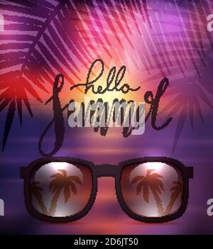Hello Summer, handwritten lettering with sunglasses on blurred sea background with palm branch. Positive quote for inspiration.  Vector calligraphy el Stock Vector