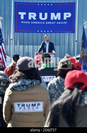 Dunmore, United States. 17th Oct, 2020. Eric Trump speaking on behalf of his father President Donald Trump, at the Road Scholar, Trucking company during the rally.Eric Trump speaks to approximately 400 people in Dunmore, PA, it's the city adjacent to Joe Biden's childhood home of Scranton. March of the audience was made up of a group called Japan 4 Donald Trump, as Eric Trump speaks of gun rights and Amy Coney Barrett. Credit: SOPA Images Limited/Alamy Live News Stock Photo