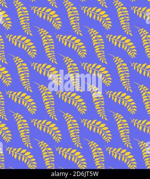 Seamless pop art pattern with branches and leaves in a row. Yellow silhouette of vegetation. Herb blue background. Vector texture for fabrics, wallpap Stock Vector