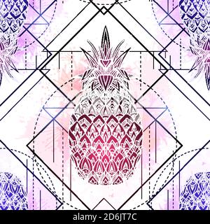 Seamless pattern with mystical illustration of pineapples with a contour drawing and pink watercolor splashes. Texture with magic triangular drawing. Stock Vector