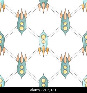 Seamless pattern with  coloring childish spacecraft with utline rhombus on white background. Linear drawing of shuttles. Vector texture with starships Stock Vector