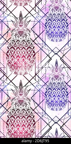 Seamless pattern with mystical pineapples with a contour drawing and pink watercolor splashes in a row. Texture with magic triangular drawing. Vector Stock Vector