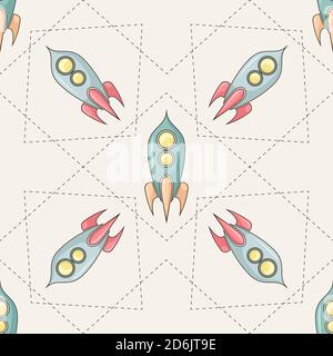 Seamless retro pattern with  coloring childish spacecraft and stitches rhombus. Coloring drawing of shuttles. Vector texture with starships for wallpa Stock Vector