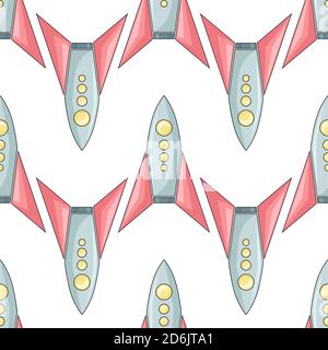 Seamless pattern with  coloring childish spacecraft on white background. Linear drawing of shuttles in row. Vector texture with starships for wallpape Stock Vector