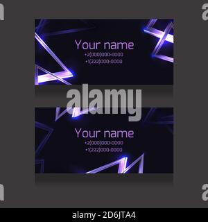 Set of business cards with abstract neon triangles and glister on dark background. Objects separate from the background. Vector template for presentat Stock Vector